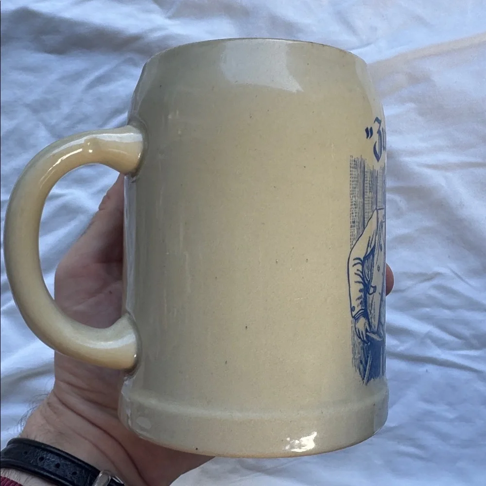 Vintage German Stoneware Beer Stein with Blue Tavern Illustration Bierkrug